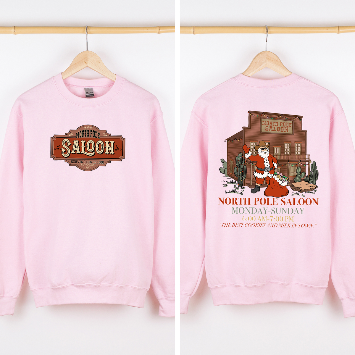 North Pole Saloon Santa Reading Christmas Party Retro Front And Back Edition Sweatshirt