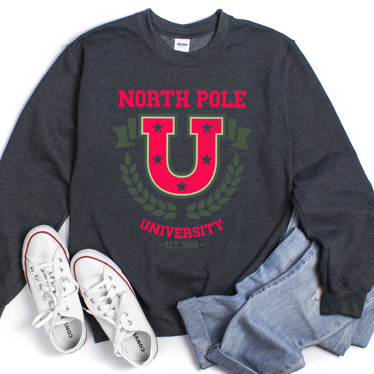 North Pole University Retro Christmas Festive Winter Seasonal Graphic Sweatshirt