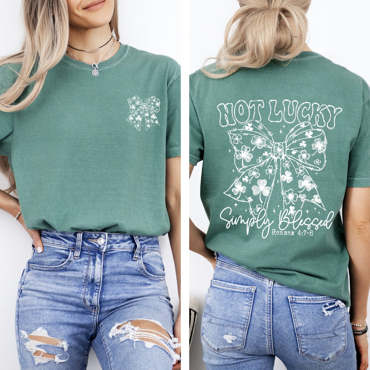 Not Lucky, Simply Blessed Christian Faith St Patrick's Day Shamrock Clover Leprechaun Comfort Colors Tee