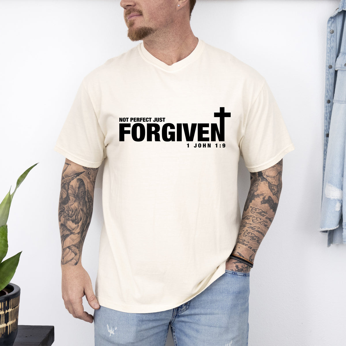 Not Perfect, Just Forgiven John Jesus Gospel Faith Bible Verse Inspired Comfort Colors Tee