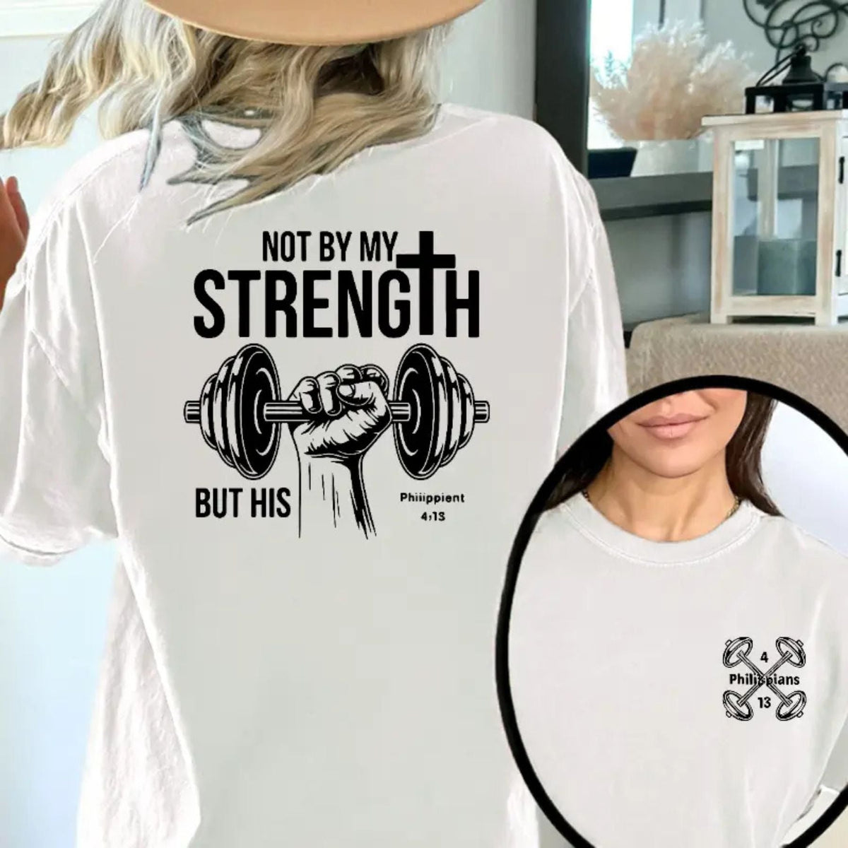 "Not by My Strength" Vintage T-Shirt - Faith & Fitness Graphic Tee, Double-Sided Cross & Dumbbell Top