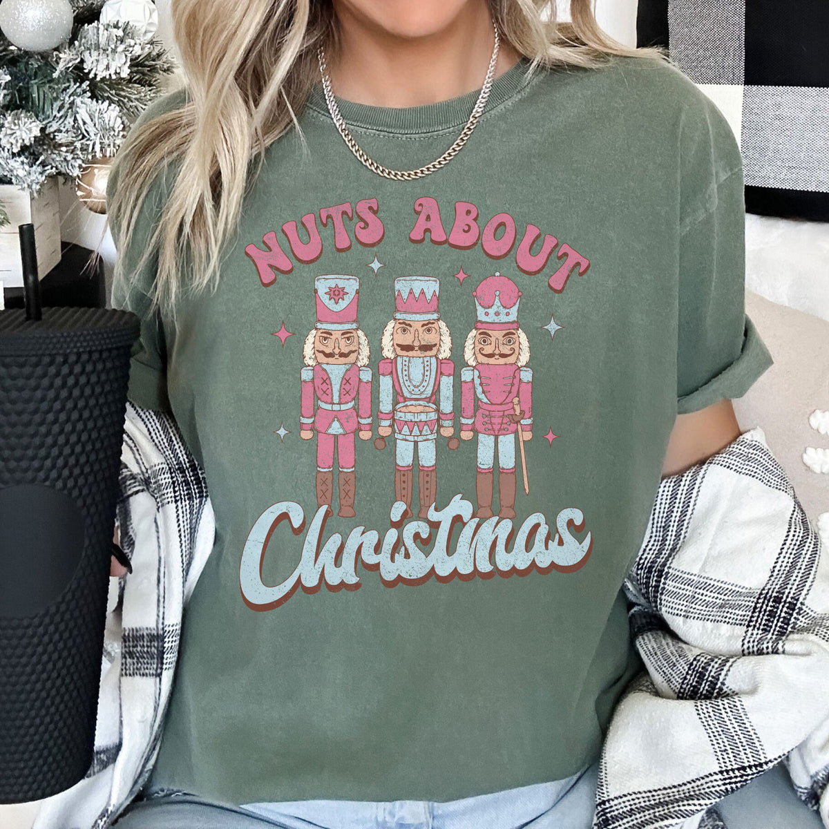 Nuts About Christmas Pink Nutcrackers Seasonal Holiday Joyful Cheer Comfort Colors Tee