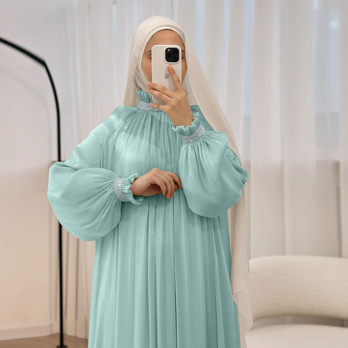 Elegant Glossy Flower Cuff Sequinned Abaya |  Glossy Abaya With Sequins (MA140)
