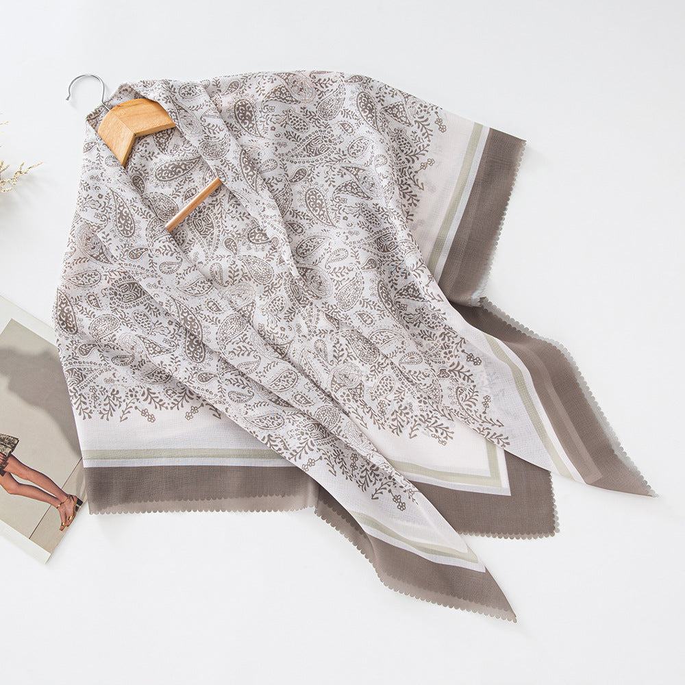 MH072 Square Floral Print Wavy Cut-off Voile Hijab