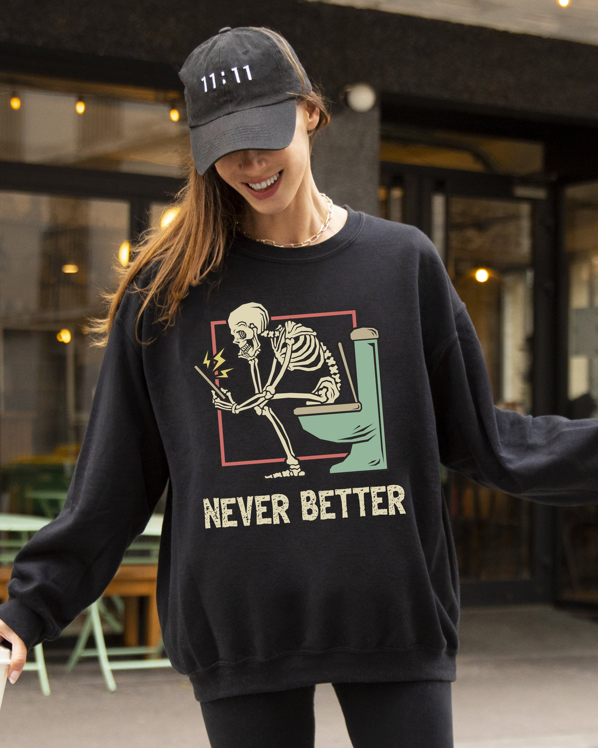 Never Better Skeleton Witch Aesthetic Meme Halloween Spooky Costume Sweatshirt Edition