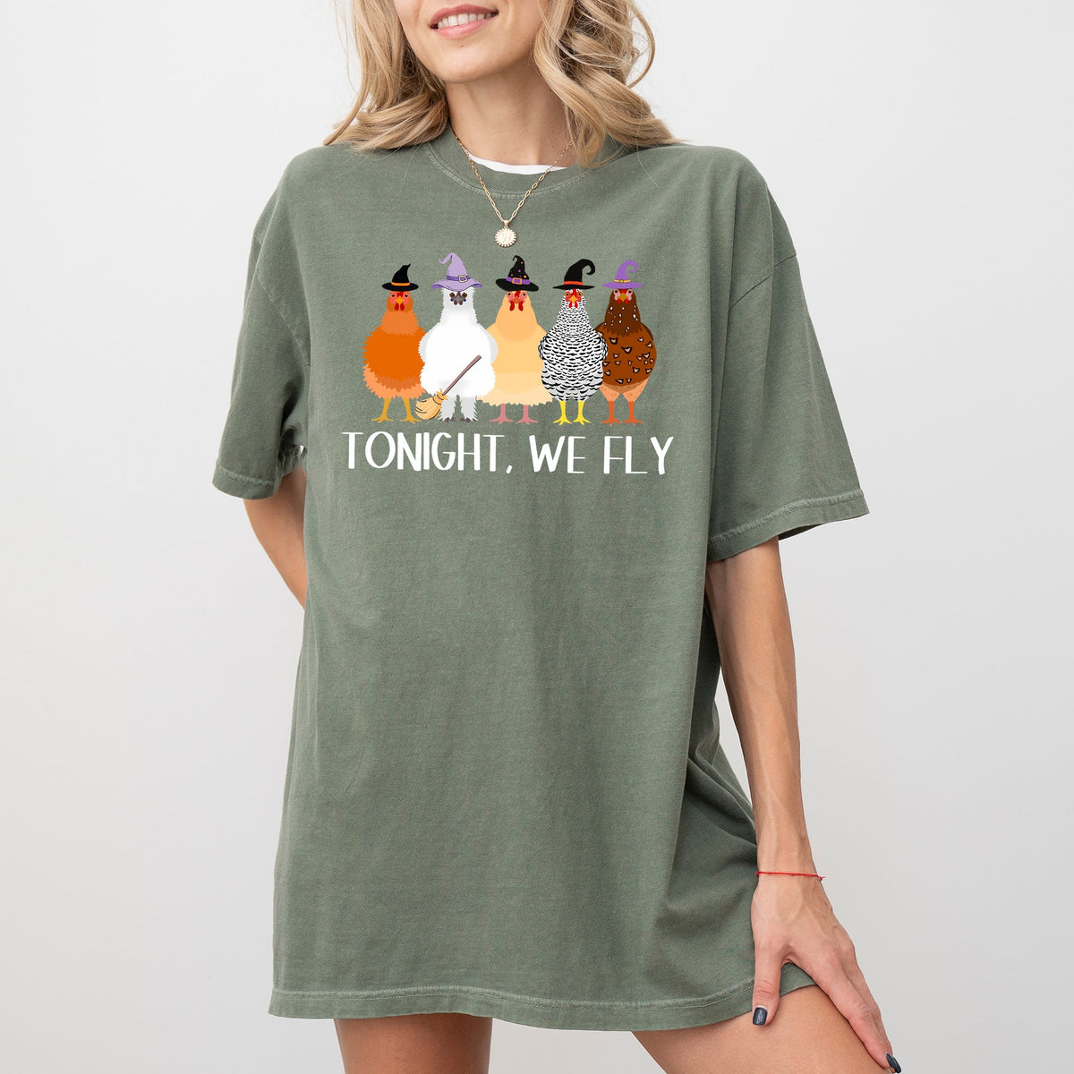 Tonight We Fly Chickens Skeleton Witch Spooky Halloween Moonlit Graveyard Bats Comfort Colors Tee