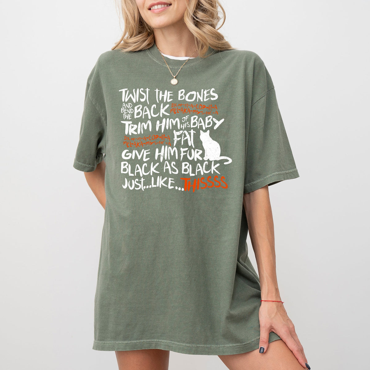Twist The Bones Cat Skeleton Spooky Ghost Witch Halloween Graphic Comfort Colors Tee