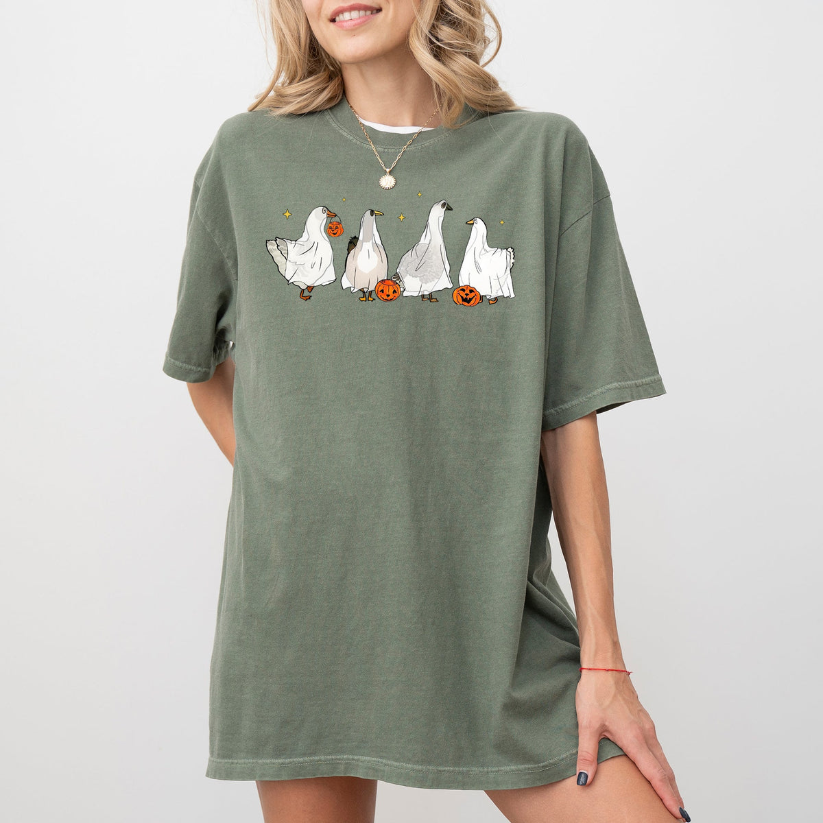 Ghost Geese Farm Skeleton Pumpkin Witch Halloween Meme Spooky Night Comfort Colors Tee