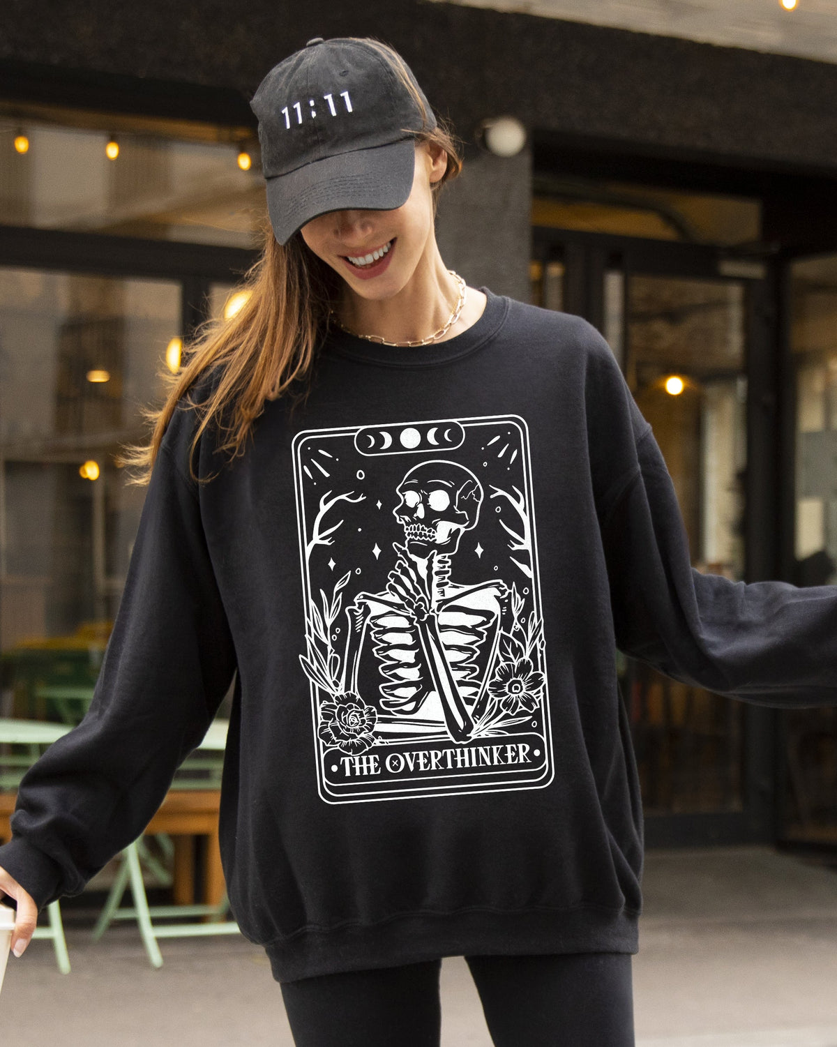 The Overthinker Tarot Skeleton Pumpkin Witch Aesthetic Meme Halloween Sweatshirt