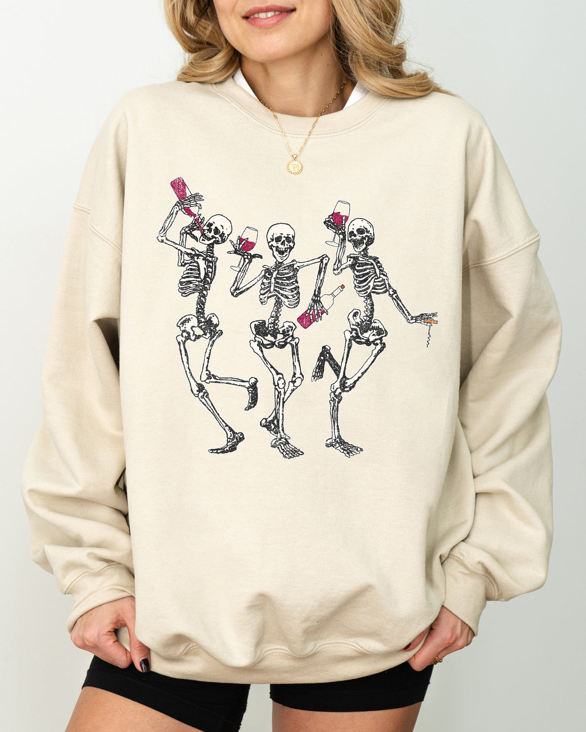 Dancing Skeletons Drinking Wine Ghost Spooky Witch Halloween Theme Comic Vibe Sweatshirt