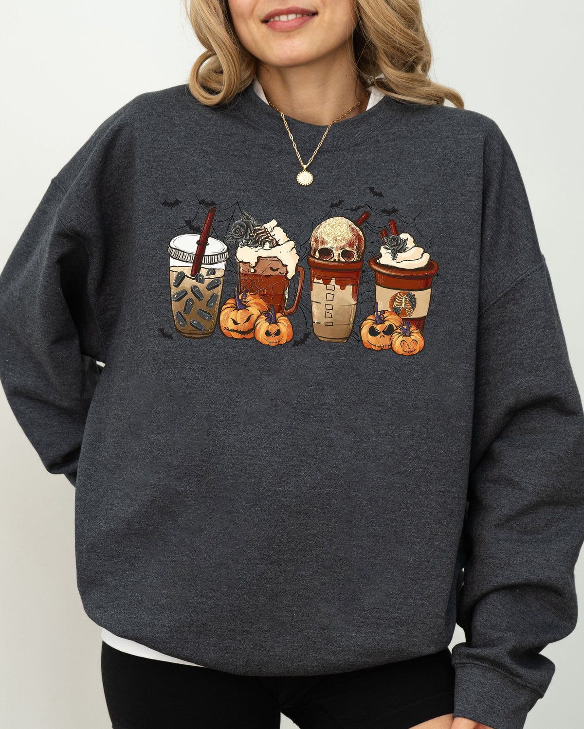 Halloween Coffee Retro Skeleton Ghost Witch Skull Spooky Meme Graphic Print Sweatshirt