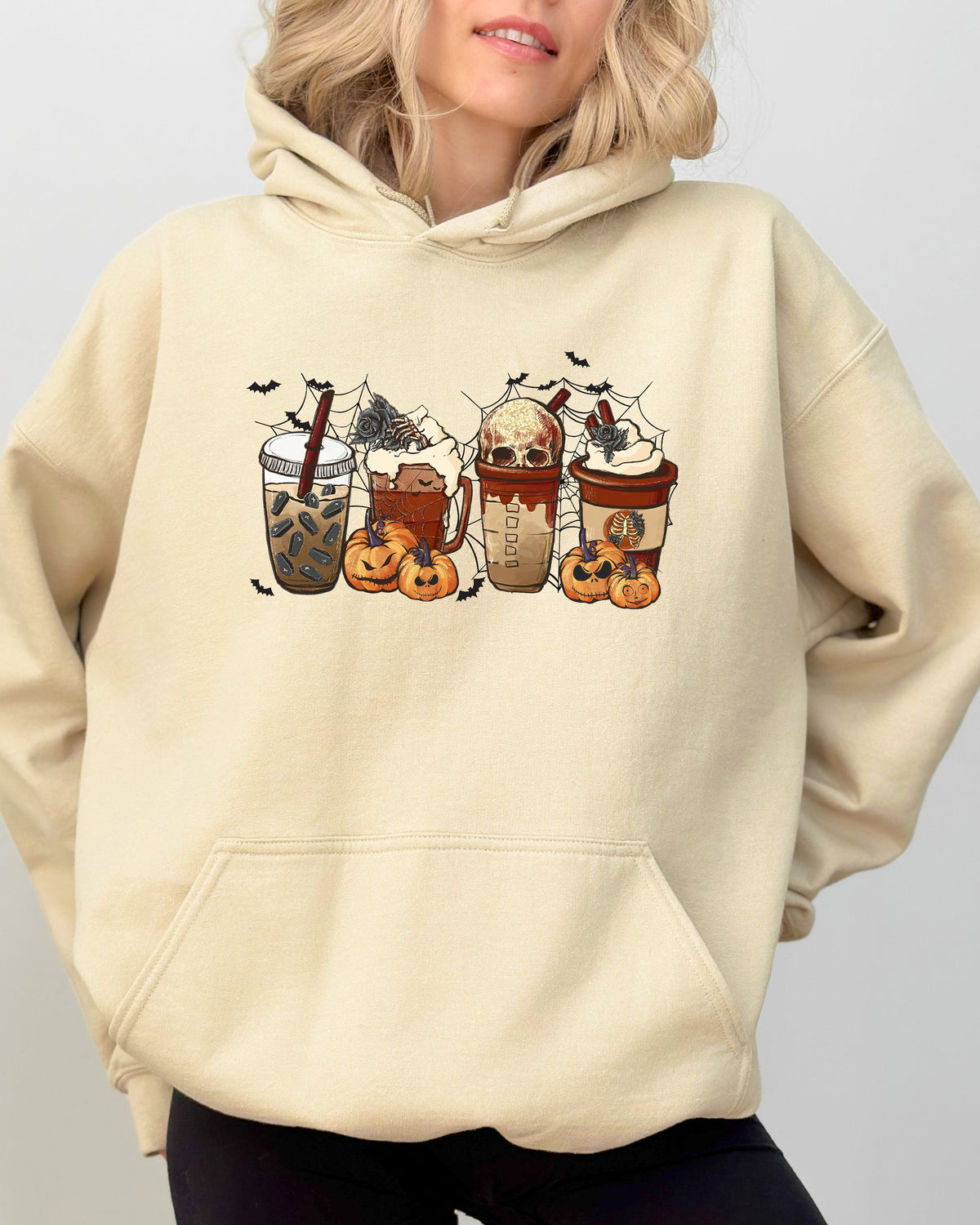 Halloween Coffee Retro Skeleton Ghost Witch Skull Spooky Meme Graphic Hooded Sweatshirt