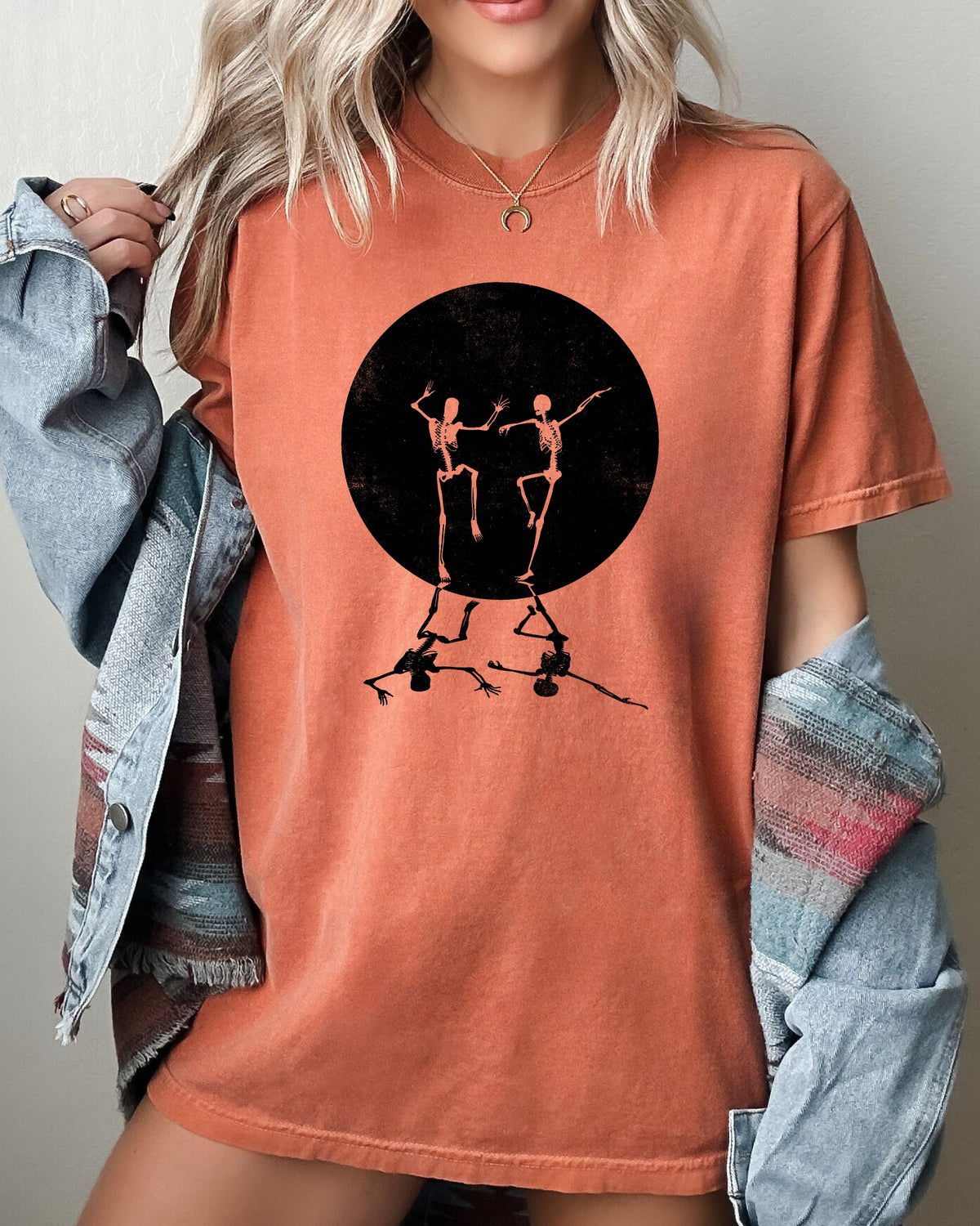 Dancing Skeletons Moon Ghost Witch Skull Spooky Halloween Costume Comfort Colors Tee
