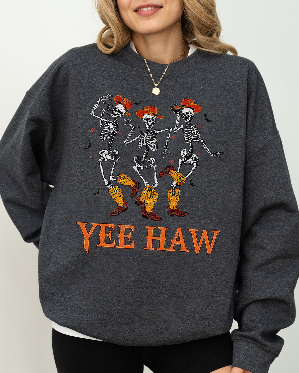 Yee Haw Western Skeleton Ghost Witch Skull Spooky Meme Halloween Graphic Sweatshirt