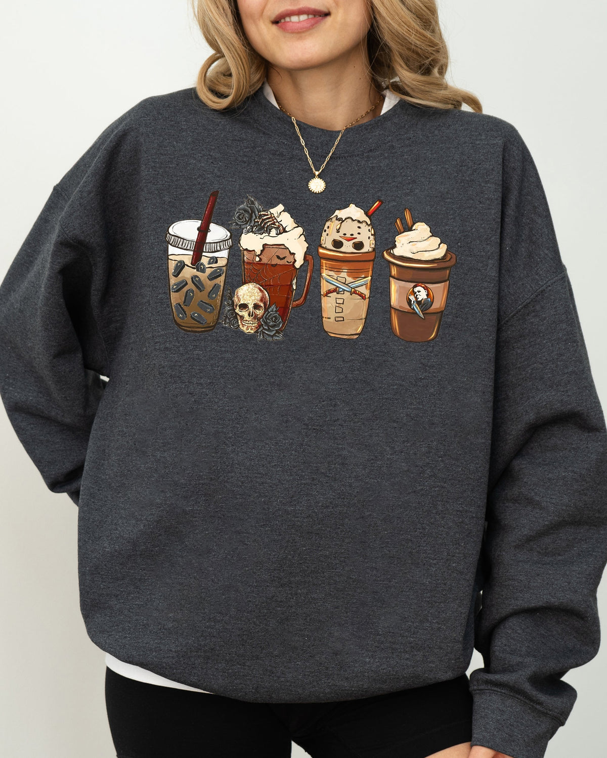 Halloween Coffee Spooky Skeleton Ghost Witch Skull Meme Aesthetic Graphic Sweatshirt