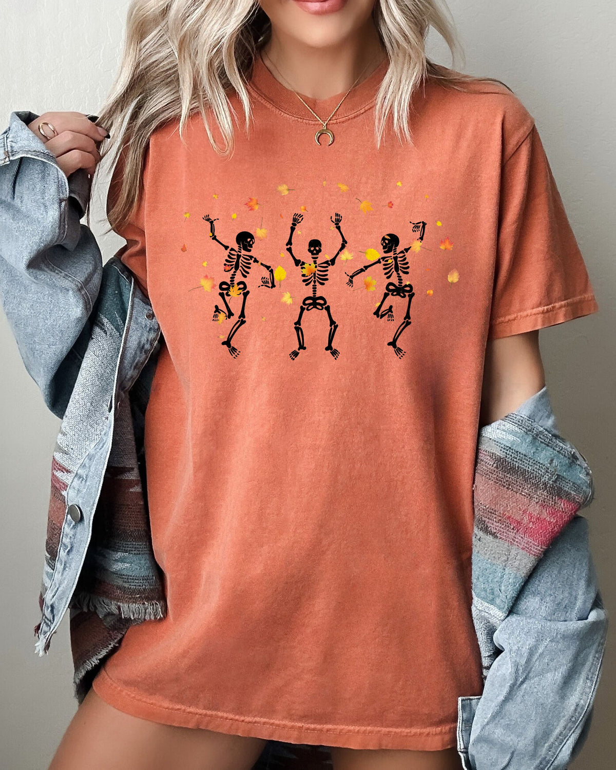 Fall Leaves Dancing Skeletons Ghost Witch Skull Halloween Meme Comfort Colors Tee