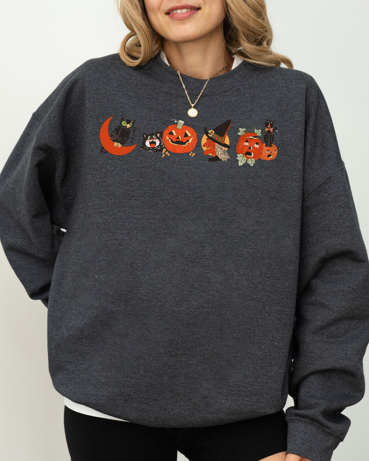 Vintage Halloween Pumpkin Skeleton Witch Skull Spooky Meme Graphic Art Sweatshirt