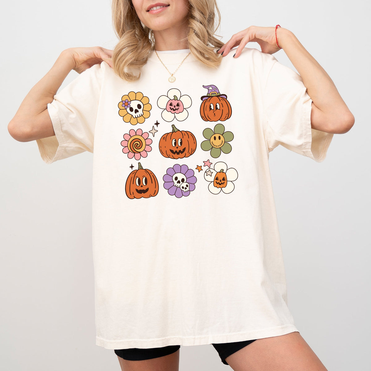 Retro Pumpkins Fall Skeleton Witch Skull Spooky Halloween Costume Comfort Colors Tee