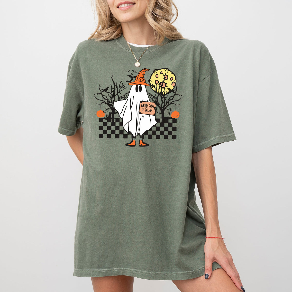 Need Ride To Salem Ghost Spooky Skeleton Witch Halloween Meme Comfort Colors Tee