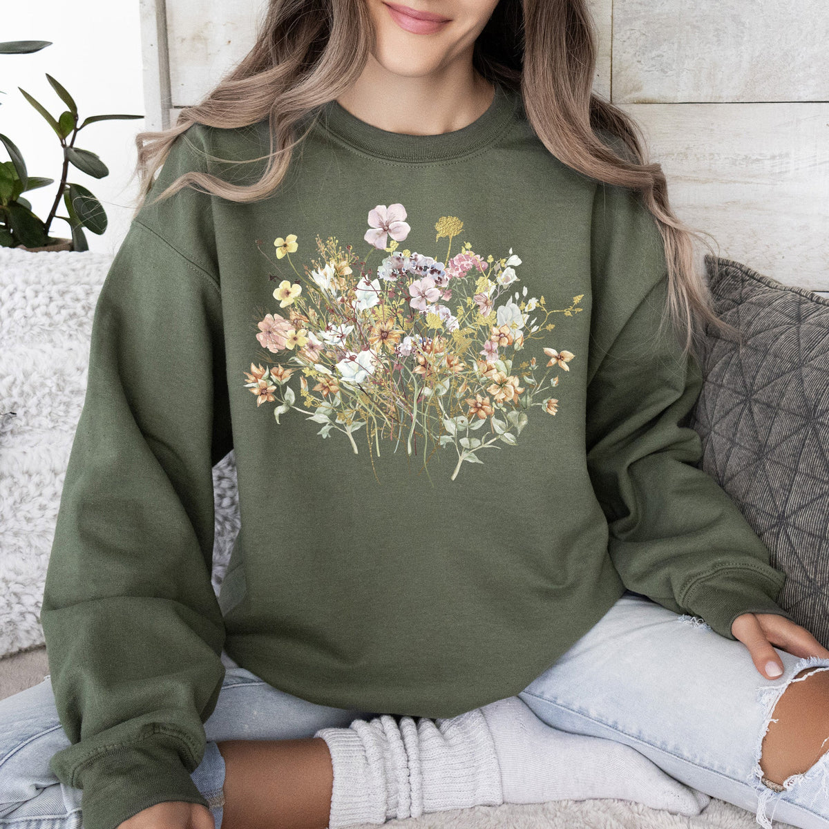 Meadow Pressed Flowers Botanical Meadow Print On Soft Cozy Fleece Premium Sweatshirt