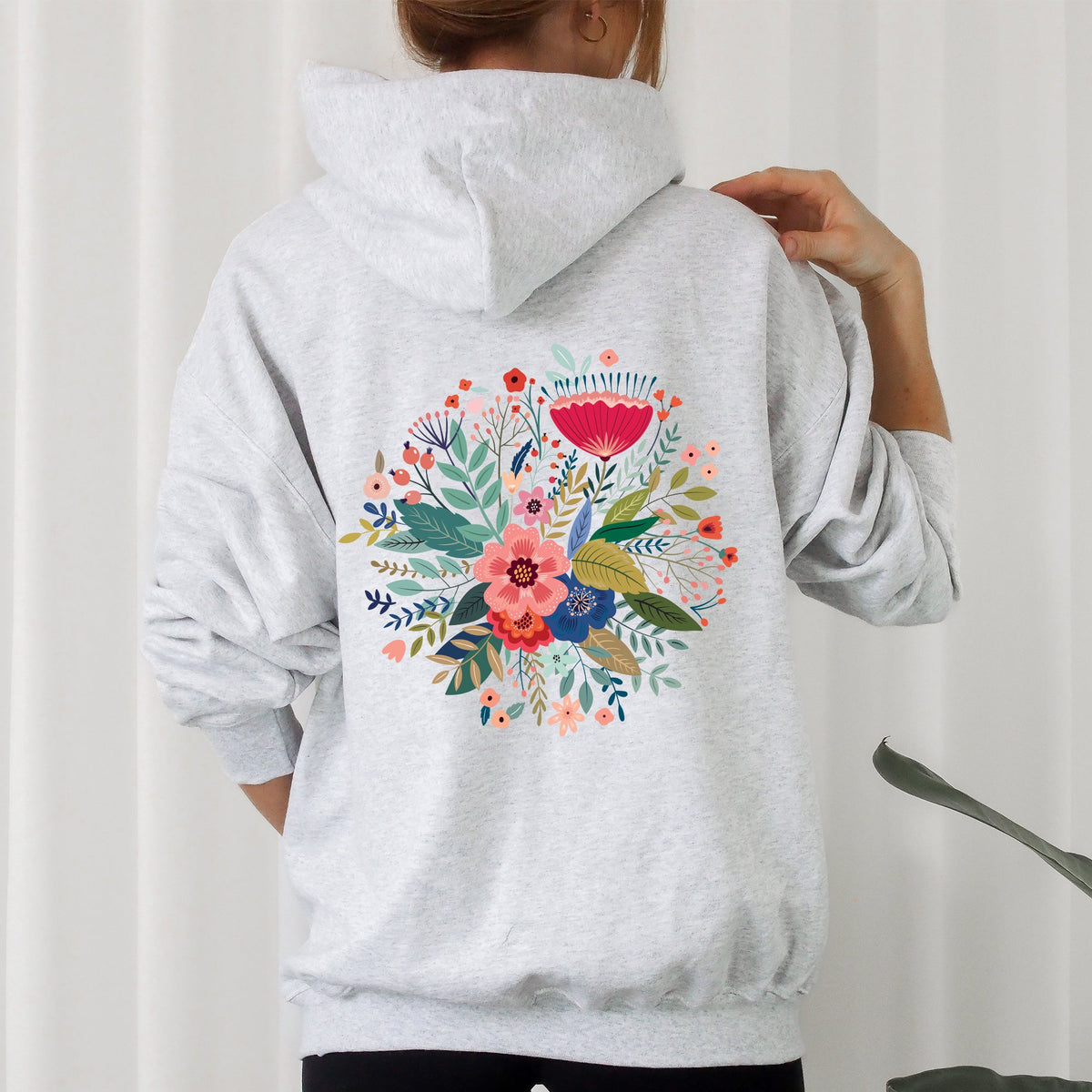 Circular Floral Folk Art Boho Mandala Circle Print Vintage Botanical Motif Collection Artwork Hoodie