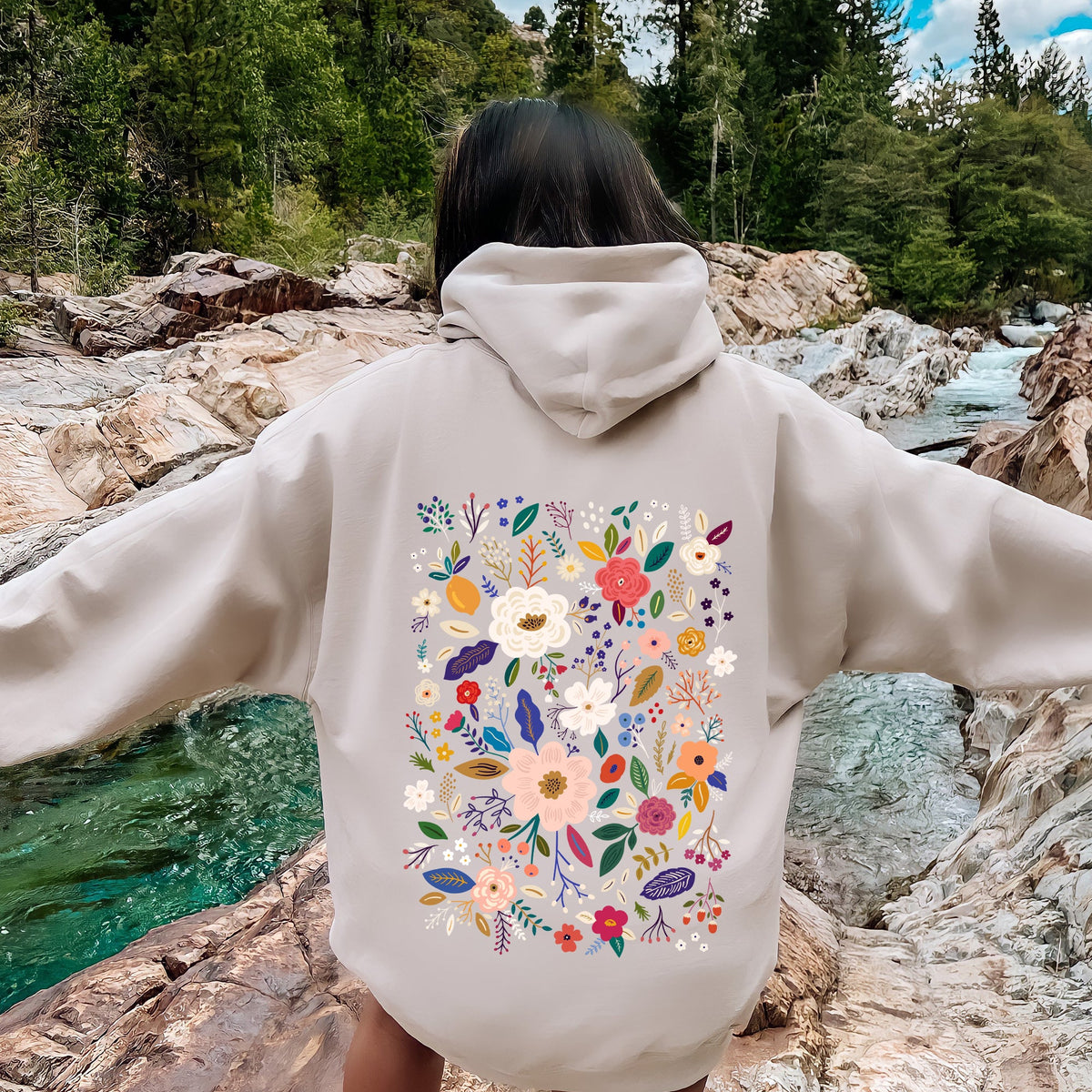 Flower Field Whimsical Colorful Floral Garden Scene Illustration Artwork Print Collection Hoodie