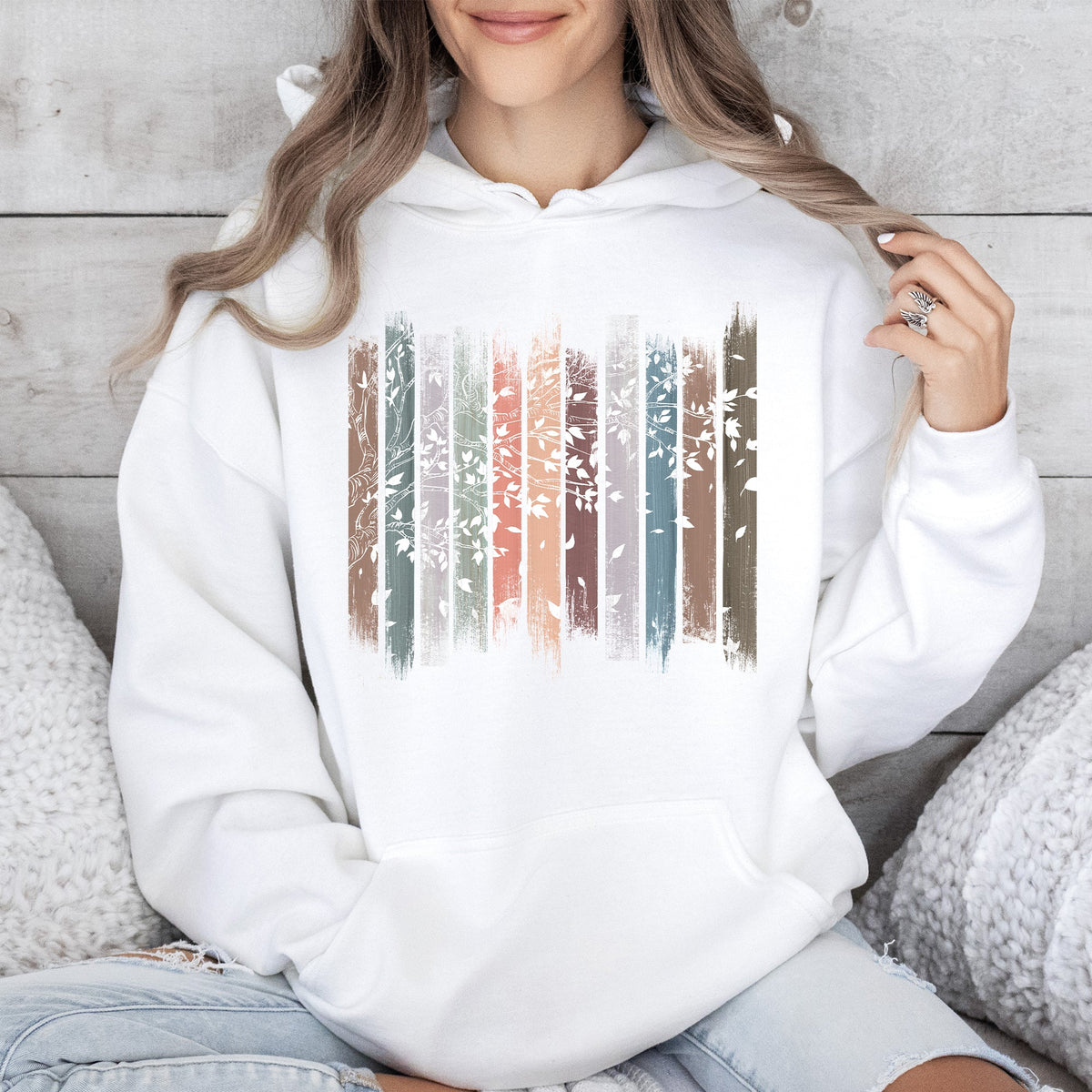 Falling Leaves, Botanical Stripes Autumn Foliage Pattern With Soft Fleece Hoodie