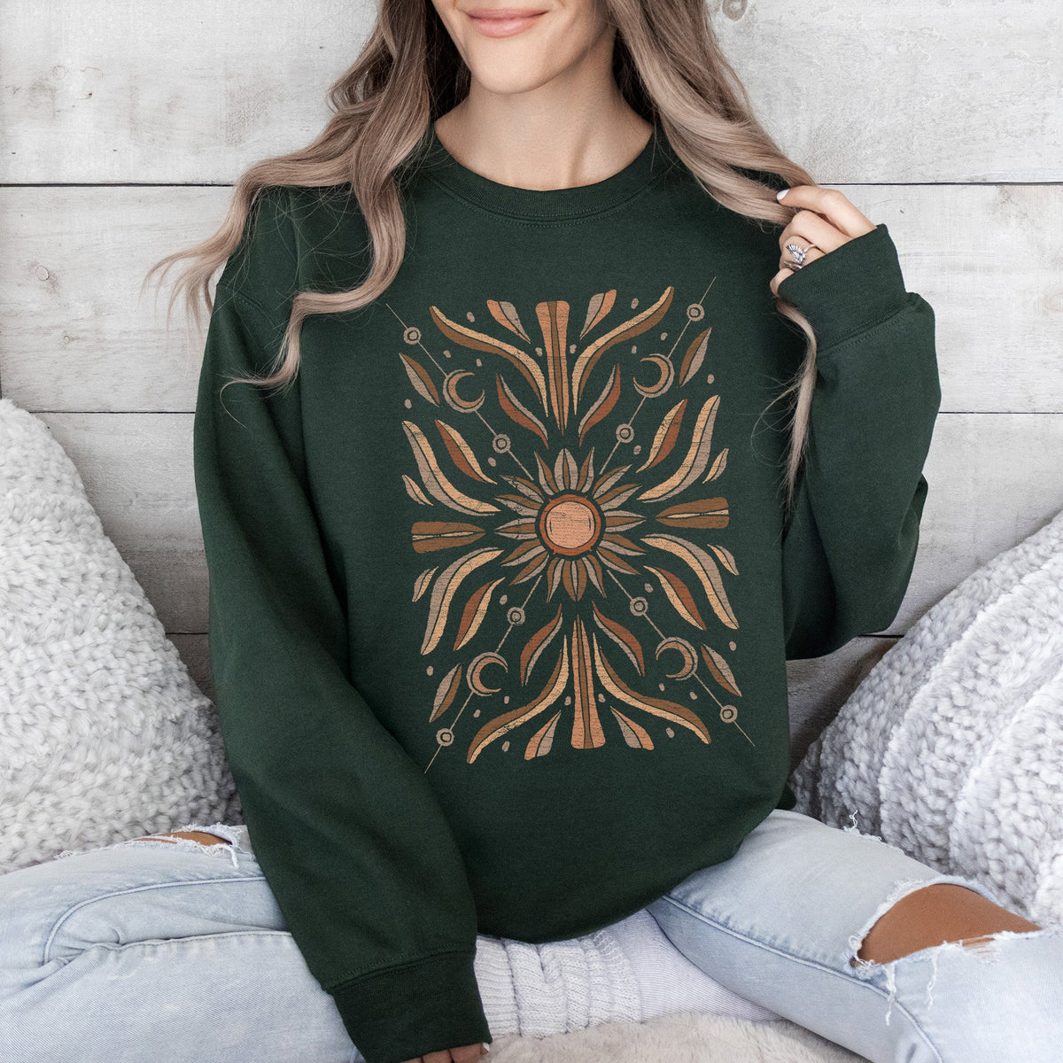 Boho Radiant Sun Celestial Mandala Print Cozy Fleece Lined Warm Winter Edition Sweatshirt