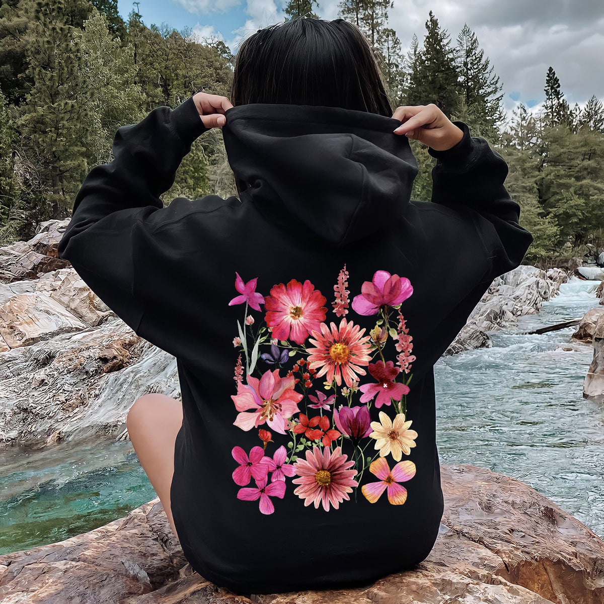 Vibrant Pressed Flower Graphic Botanical Bloom Artwork On Soft Fleece Interior For Everyday Comfort Hoodie