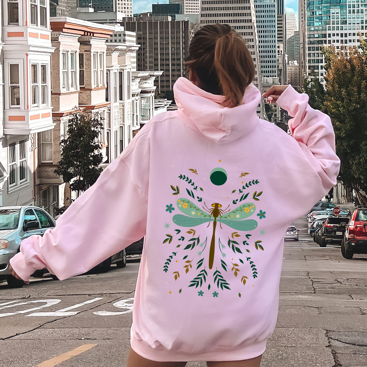 Floral Night Sky Dragonfly Moon and Blooms Hoodie