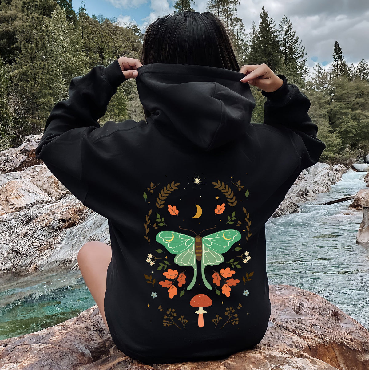 Mystical Moth And Moon, Enchanted Floral Night Sky Art Print Collection Edition Hoodie