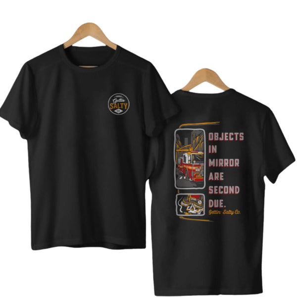 "Objects in Mirror" Firefighter T-Shirt - Vintage Fire Truck Graphic Tee, Firefighting Gift for Men & Women