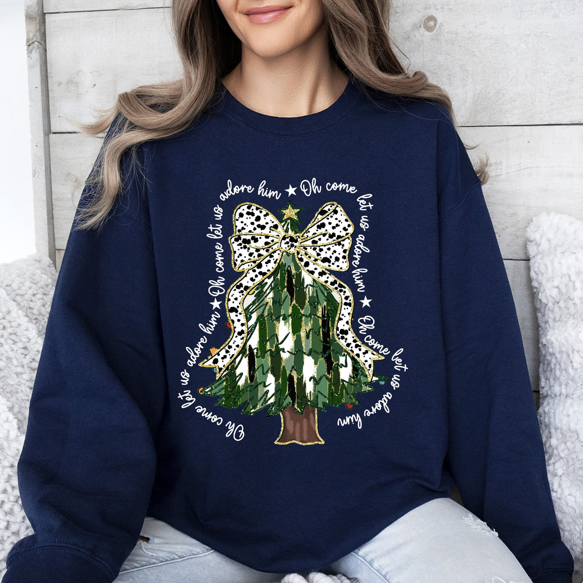 Oh Come Let Us Adore Him Christmas Tree Dalmatian Print Festive Holiday Season Sweatshirt