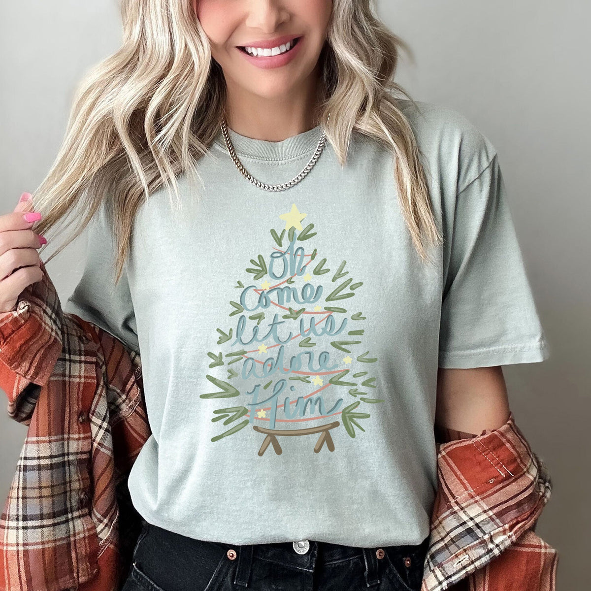 Oh Come Let Us Adore Him Christmas Carol Religious Christian Holiday Comfort Colors Tee