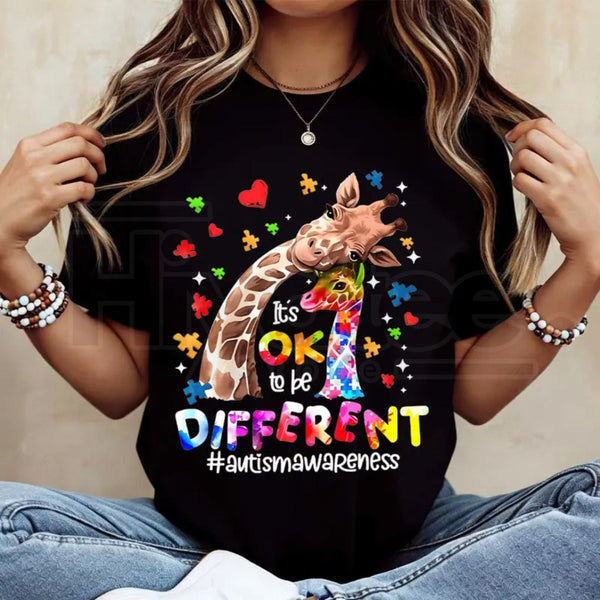 "Ok To Be Different" Giraffe – Autism Awareness Puzzle Hearts Women's Top