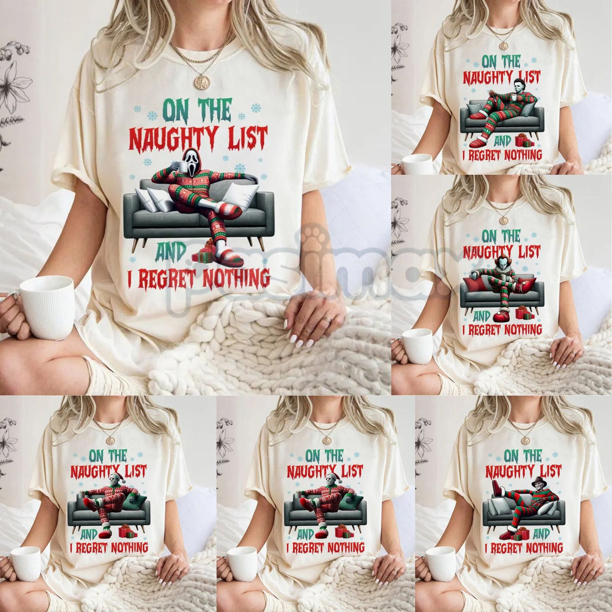 "On The Naughty List And I Regret Nothing" Christmas Shirt - Christmas Halloween Characters Tee, Team Naughty