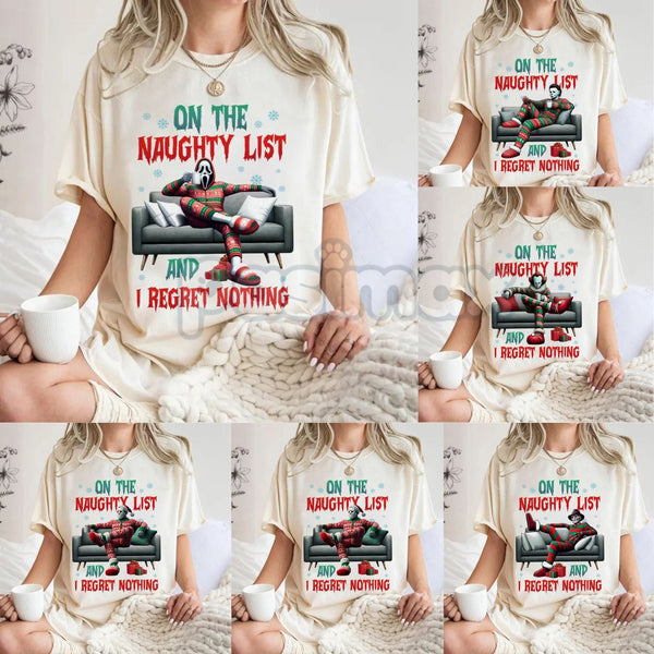 "On The Naughty List And I Regret Nothing" Christmas Shirt - Christmas Halloween Characters Tee, Team Naughty