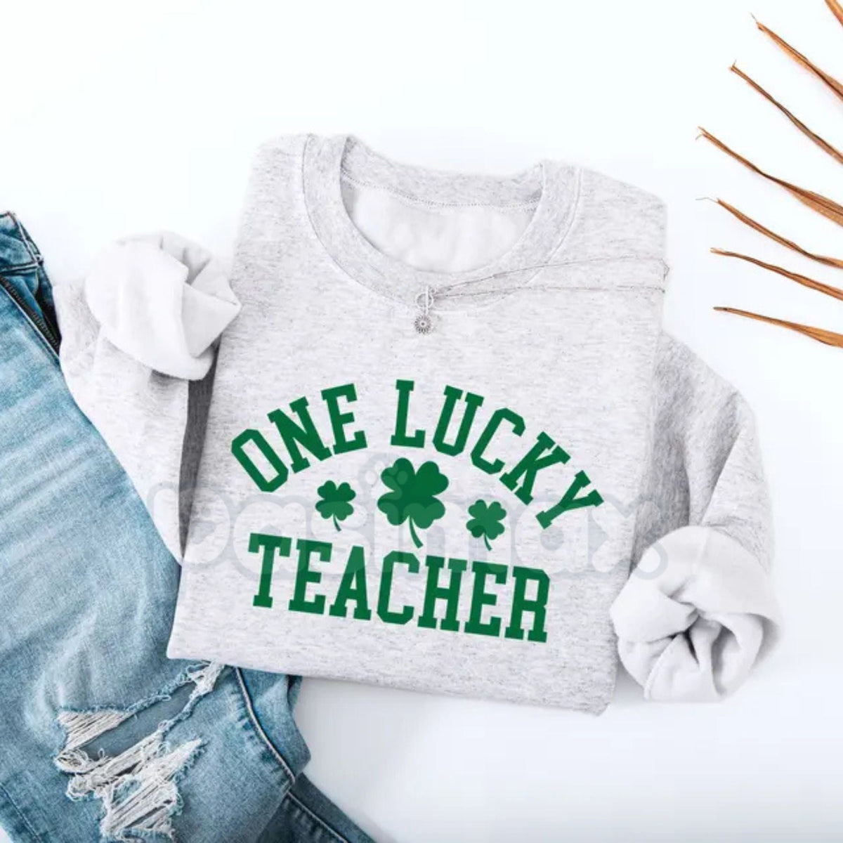 One Lucky Teacher Adult Sweatshirt | Green Varsity Lettering St Patrick's Day Crewneck | Shamrock Accent Teacher Pullover | Lucky Educator Holiday Outfit | Retro Varsity St Pattys Shirt | Soft Cozy Teacher Gift Jumper