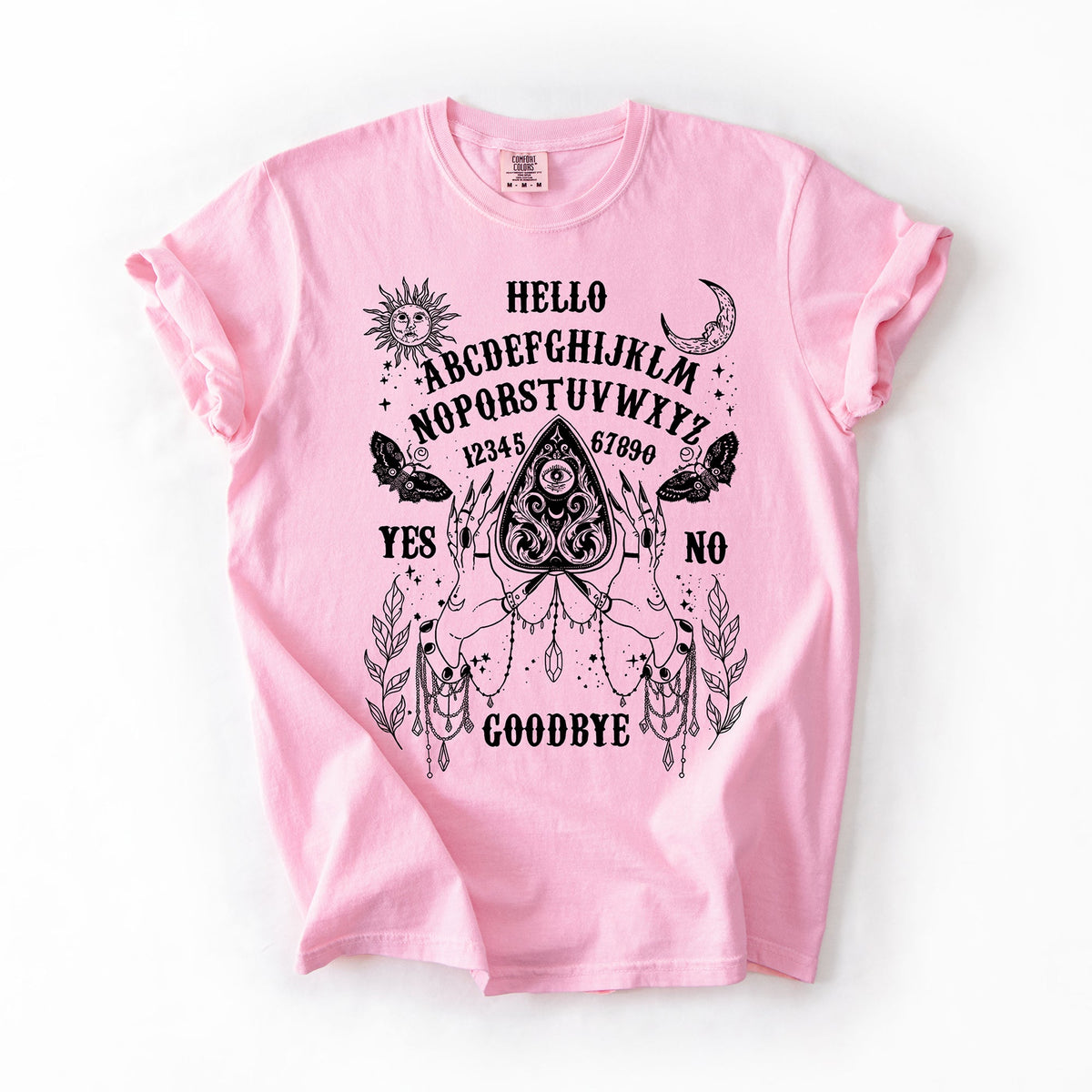 Ouija Board Spooky Tarot Halloween Witch Moonlight Seance Mystic Symbols Night Sky Hauntings Comfort Colors Tee