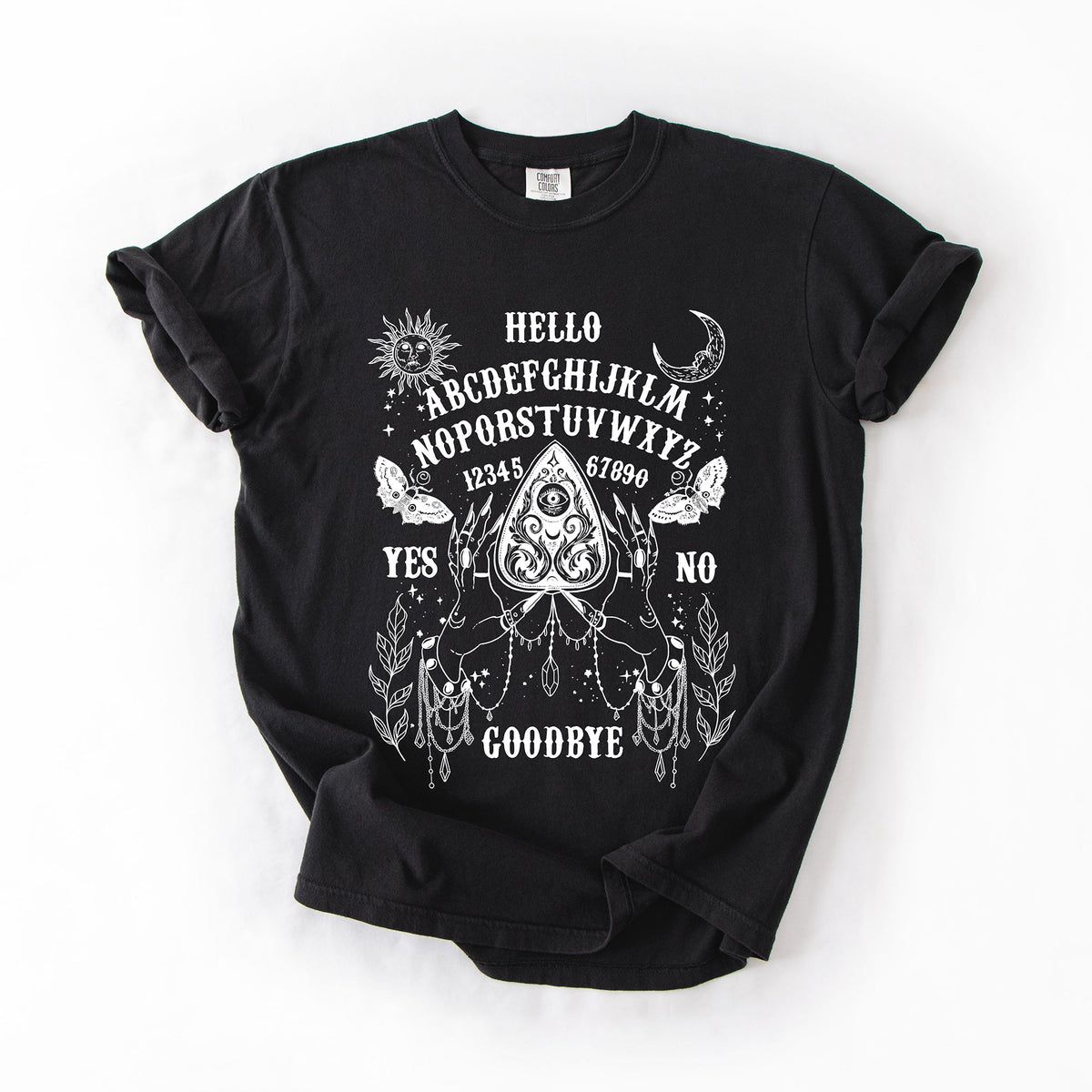Ouija Board Spooky Tarot Halloween Witch Moonlight Seance Mystic Symbols Night Sky Hauntings Comfort Colors Tee