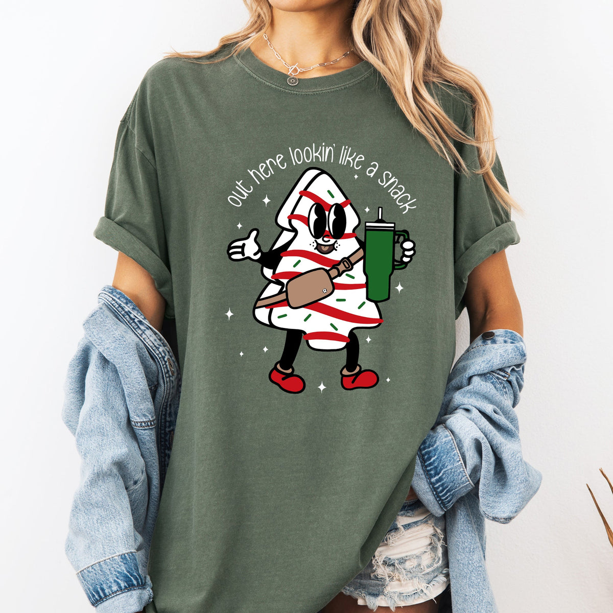 Out Here Looking Like A Snack Christmas Cake Santa Xmas Festive Holiday Comfort Colors Tee