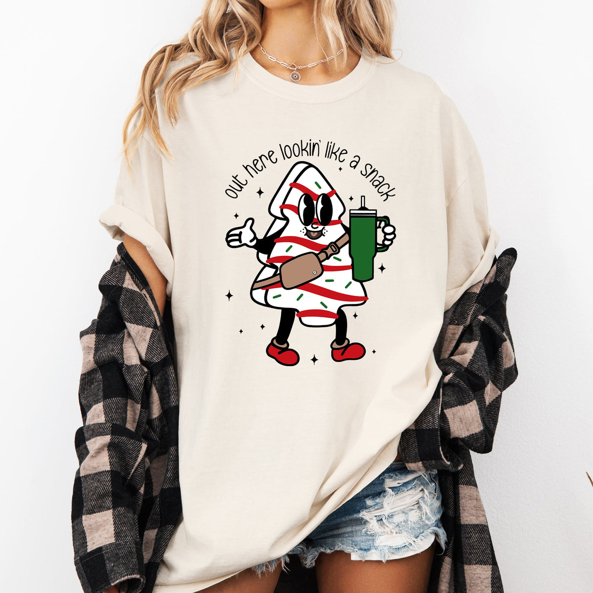 Out Here Looking Like A Snack Christmas Cake Santa Xmas Festive Holiday Comfort Colors Tee