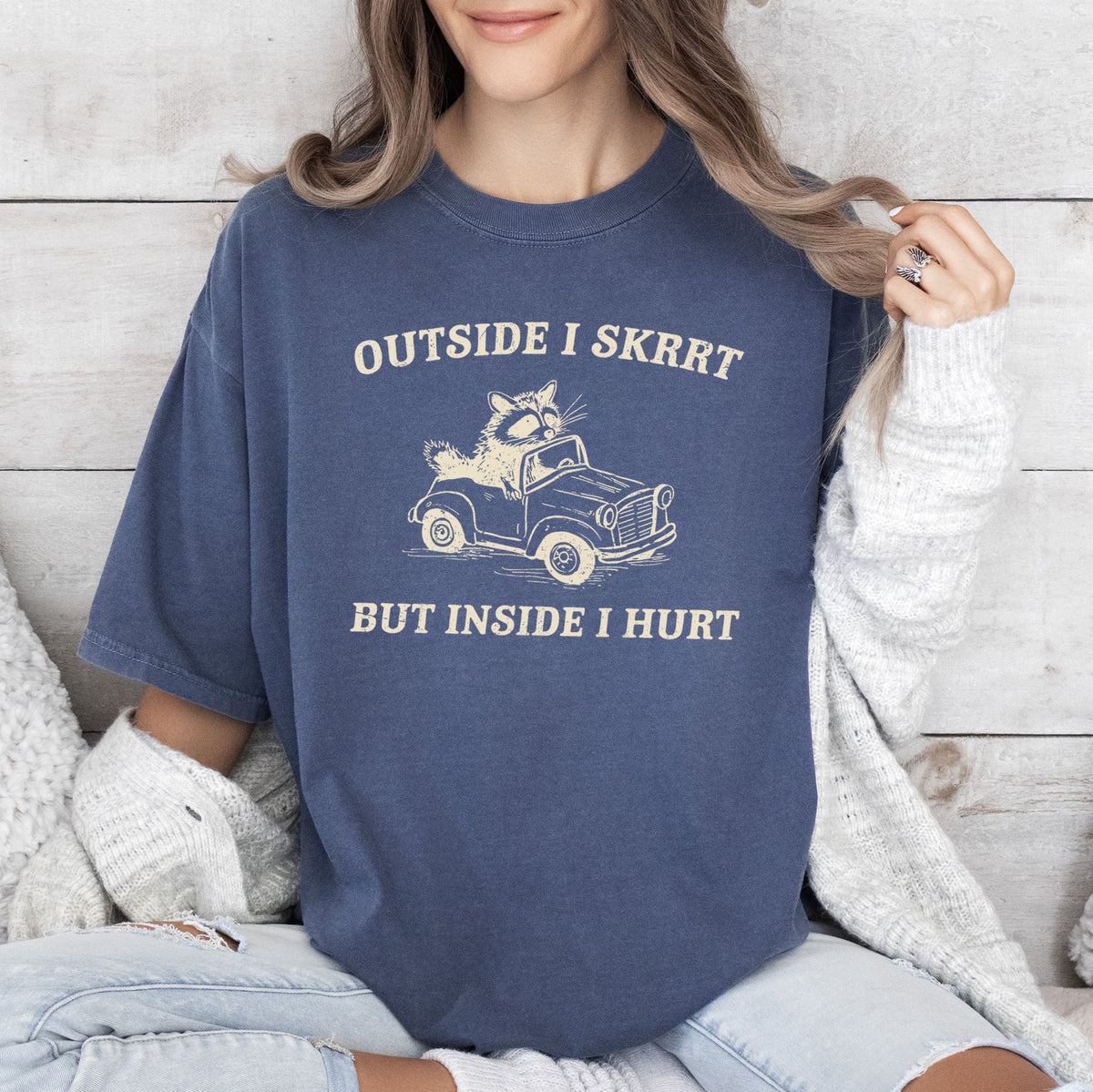 Outside I Skrrt Inside I Hurt Raccoon Meme Aesthetic Funny Bold Comfort Colors Tee