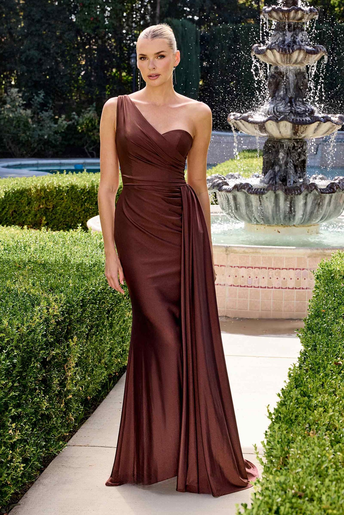 Ladivine PT004C Long Chic One Shoulder Stretch Satin Side Sash Gown