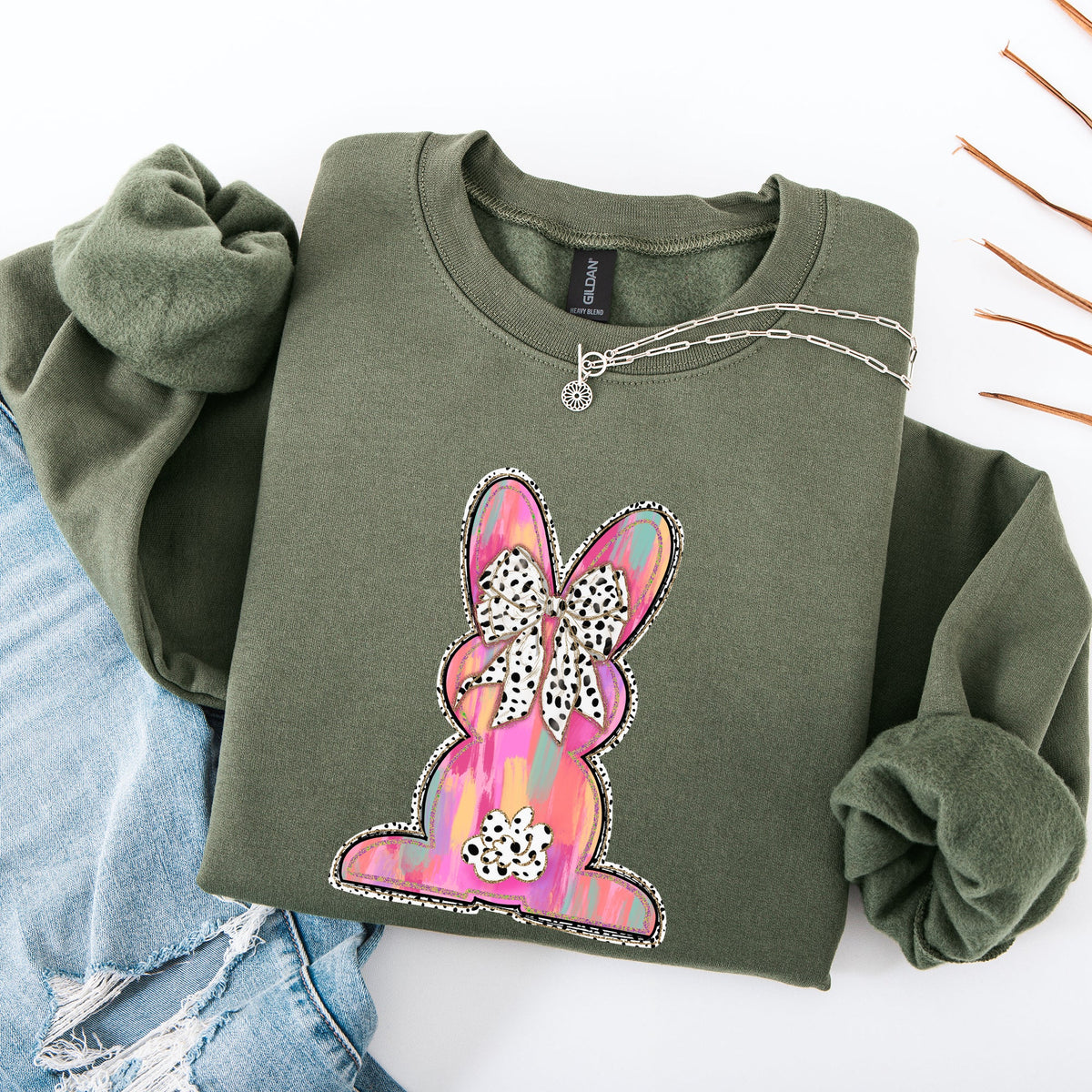 Painted Colorful Dalmatian Print Easter Bunny Jesus Rabbit Holiday Theme Graphic Art Sweatshirt