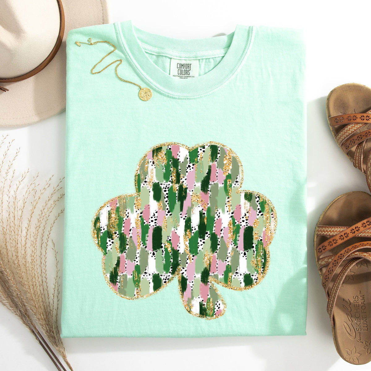 Painted Faux Glitter St Patrick's Day Shamrock Clover Leprechaun Comfort Colors Tee
