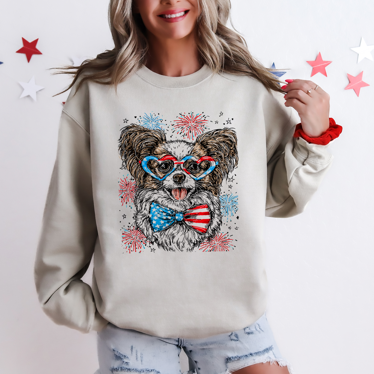 Papillon Patriotic Dog USA Pride Edition Featuring Stars And Stripes Motif Sweatshirt