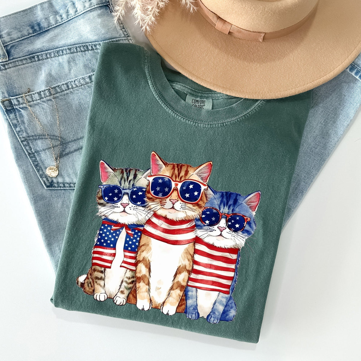 Patriotic Hippie Cats Peace Sign Edition For Americana Lovers Comfort Colors Tee
