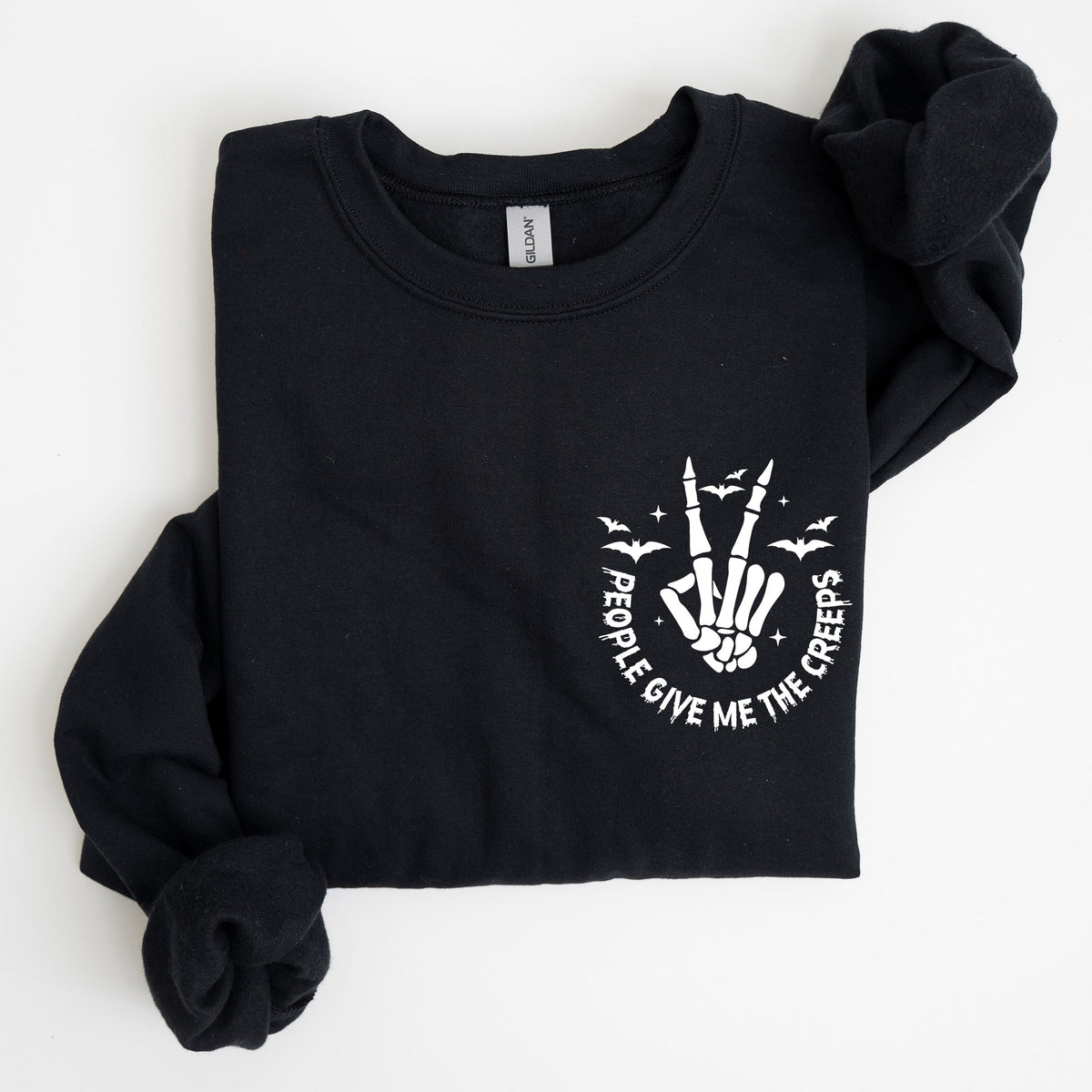 People Give Me The Creeps Pocket Print Skeleton Bats Witch Halloween Spooky Sweatshirt