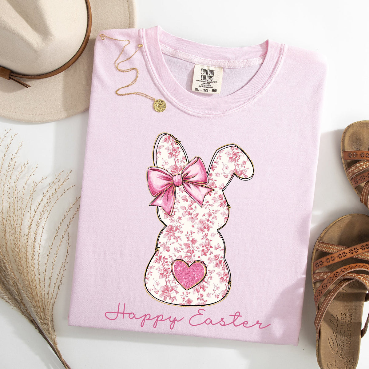 Pink Floral Bunny Easter Jesus Rabbit Holiday Floral Illustration Comfort Colors Tee